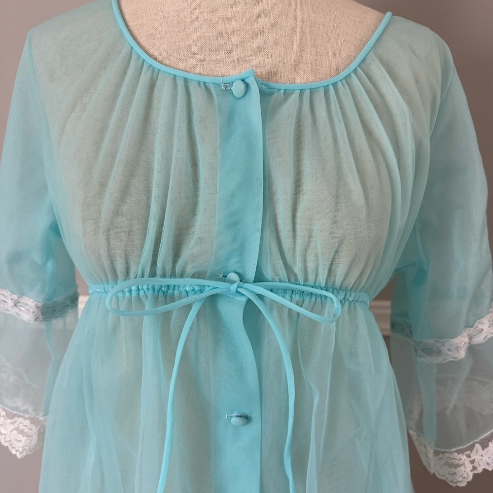 Radcliffe Vintage 60s Babydoll Aqua Blue Nylon Negligee Robe Nightie Set Small - Picture 7 of 12